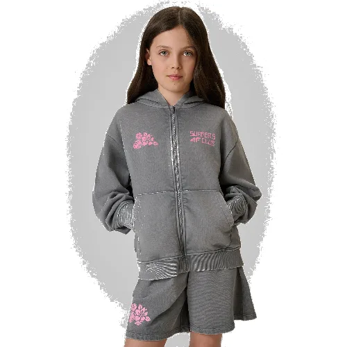 4F Bluza dresowa loose z kapturem dziewczęca - szara 134/140 (8-10 lat)