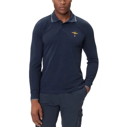 AERONAUTICA MILITARE Granatowy bawełniany męski longsleeve polo