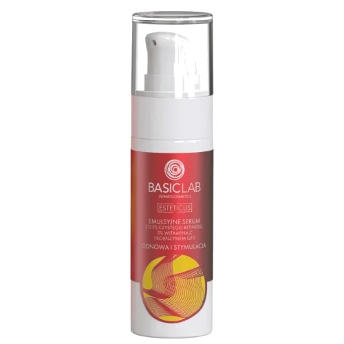 BasicLab Emulsyjne Serum z 0,3% Czystego Retinolu, 3% Witaminą C i Koenzymem Q10 Odnowa i Stymulacja Kremy do twarzy 30 ml