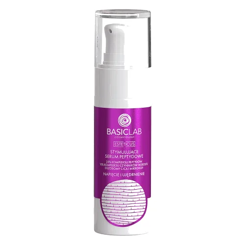 BasicLab Stymulujące Serum peptydowe 25 % peptydów, 10% kompleksu czynników wzrostu,egzosomy cica, mikroigły, Napięcie i Ujędrnienie 30 ml Serum przeciwzmarszczkowe