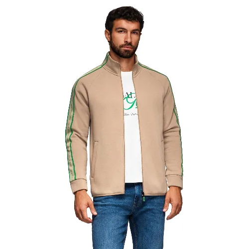 Bluza męska rozpinana z lampasami i wysoką stójką – brązowa V1