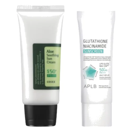 COSRX - Aloe Soothing Sun Cream SPF50+ PA+++ - 50ml + APLB - Glutathione Niacinamide Sunscreen SFP50+ PA++++ - 40ml Set
