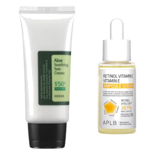 COSRX - Aloe Soothing Sun Cream SPF50+ PA+++ - 50ml + APLB - Retinol Vitamin C Vitamin E Ampoule Serum - 40ml Set