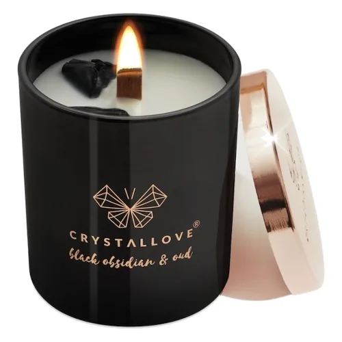 Crystallove Świeca sojowa z czarnym obsydianem i oud Świeczki 1 ct