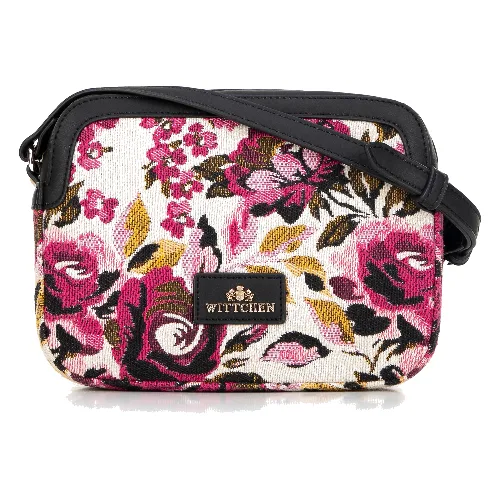 Damska crossbody z żakardu i ekoskóry biało - różowa