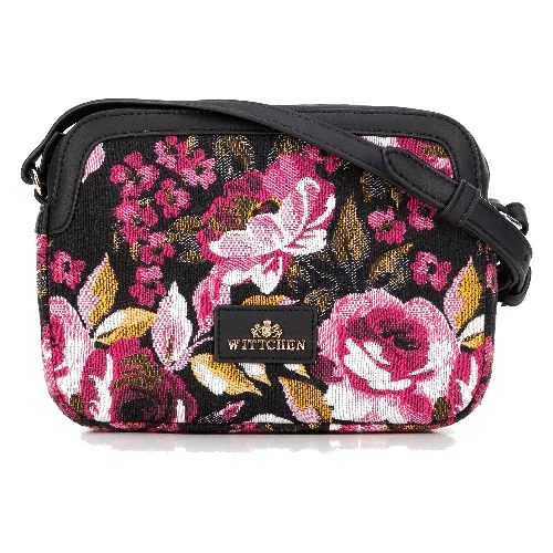 Damska crossbody z żakardu i ekoskóry czarno - różowa