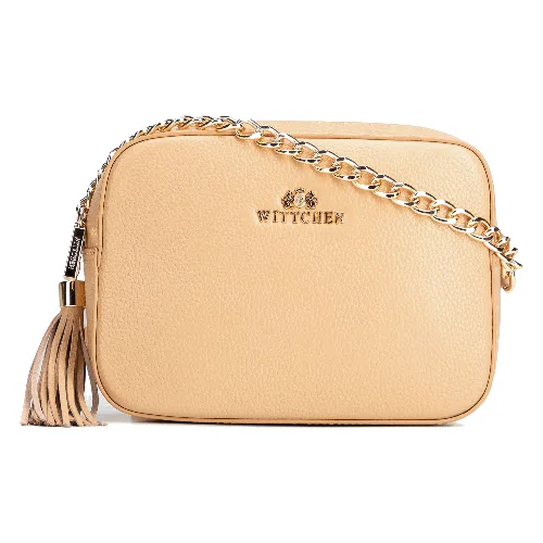 Damska listonoszka skórzana pudełkowa na łańcuszku beżowa