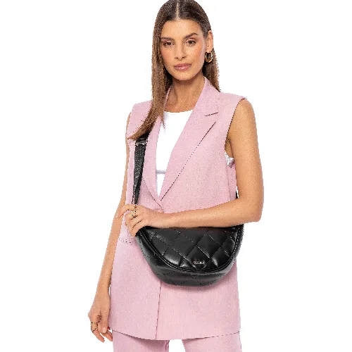 Damska torebka crossbody w geometryczne przeszycia czarno - srebrna