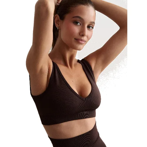 Damski biustonosz sportowy, lekkie wsparcie Shape Seamless Deep Cut czekoladowy