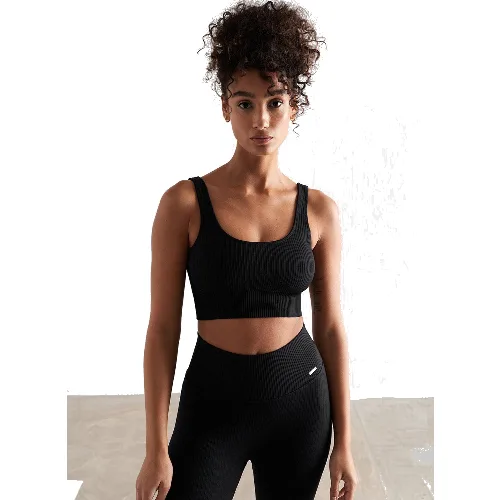 Damski biustonosz sportowy prążkowany, średnie wsparcie Ribbed Seamless czarny