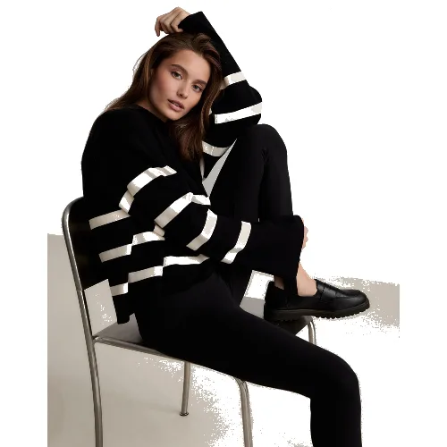 Damski sweter z długim rękawem, regularny krój Perfect Knit czarny w paski