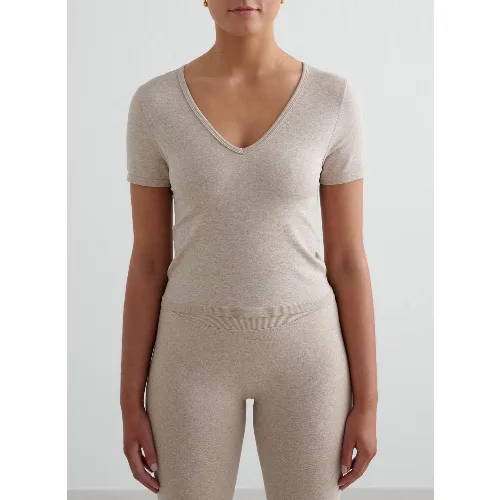 Damski T-shirt bezszwowy, modelujący, dekolt V Shape Seamless beżowy melanż