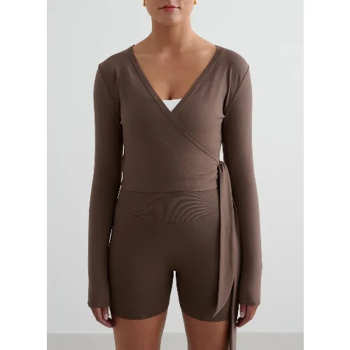 Damski top bezszwowy, kopertowy, z regulowanymi wiązaniami Shape brąz macchiato