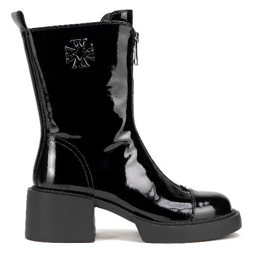 Damskie botki skórzane z monogramem czarno - srebrne
