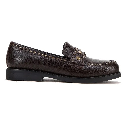 Damskie loafersy skórzane z ozdobnymi nitami brązowe