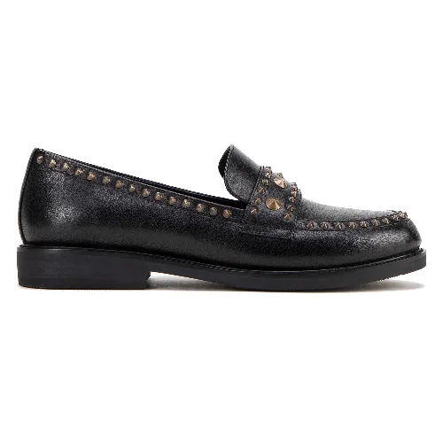 Damskie loafersy skórzane z ozdobnymi nitami czarne
