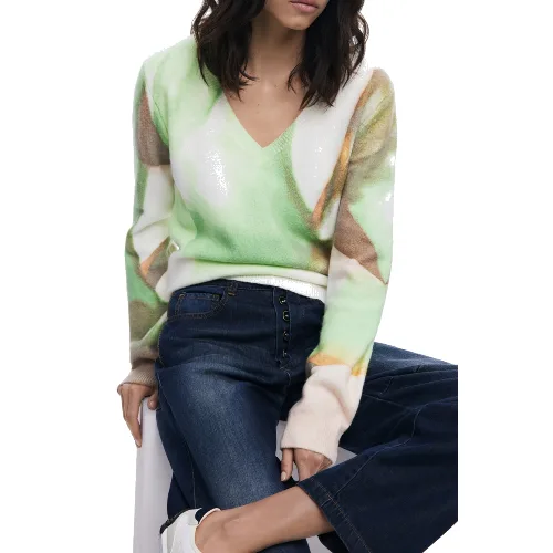 DESIGUAL Sweter Damski w Serek Dekolt V Dzianinowy Casual Długi Rękaw