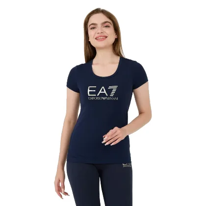 EA7 Granatowy damski t-shirt ze srebrnym logo