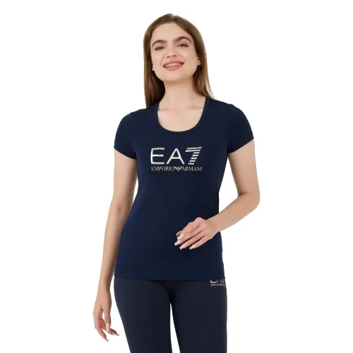 EA7 Granatowy damski t-shirt ze srebrnym logo