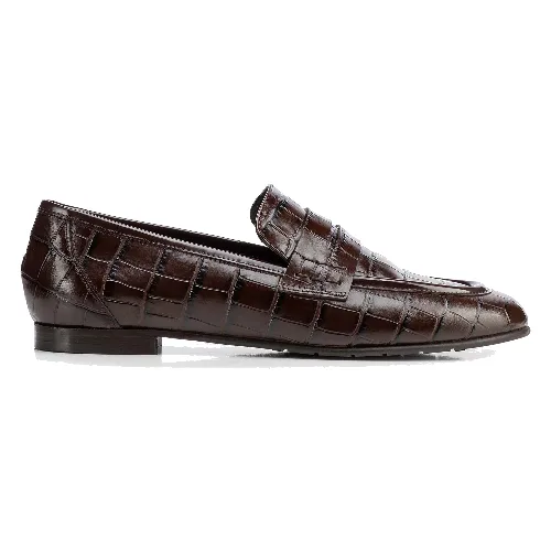 Eleganckie mokasyny damskie ze skóry naturalnej croco ciemny brąz