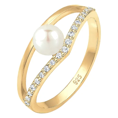 Elli Damski Elegancki Geo Design z perłą hodowlana słodkowodną i kryształami w srebrze 925 Sterling Silver pozłacane Pierścionki 1 ct
