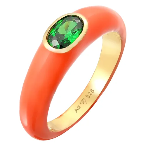 Elli Damski owalny pasjans z pomarańczową emalią i zieloną cyrkonią w pozłacanym srebrze próby 925 Sterling Silver Pierścionki 1 ct