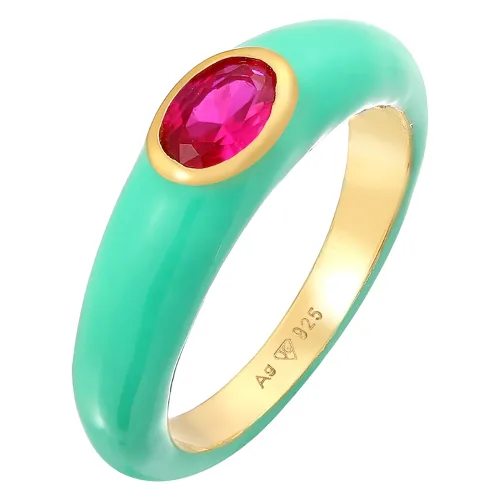 Elli Damski owalny pasjans z pomarańczową emalią i zieloną cyrkonią w pozłacanym srebrze próby 925 Sterling Silver Pierścionki 1 ct