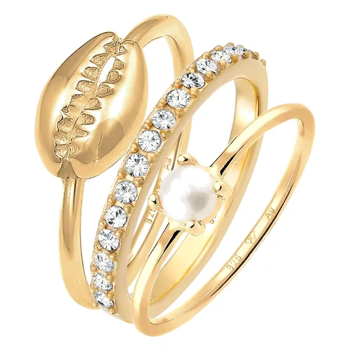 Elli Damski zestaw do łączenia muszla z perły hodowlana słodkowodna i kryształami w pozłacanym srebrze próby 925 Sterling Silver Pierścionki 1 ct