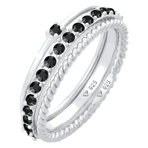 Elli Damski zestaw elegancki Solitaire skręcony Twisted Trend z czarnym kryształem w srebrze925 Sterling Silver Pierścionki 1 ct