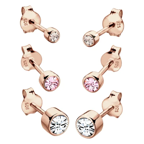 Elli Damskie kolczyki sztyfty Basic zestaw 3 częściowy z kryształami szklanymi z pozłacanego srebra próby 925 sterling silver Kolczyki 1 ct
