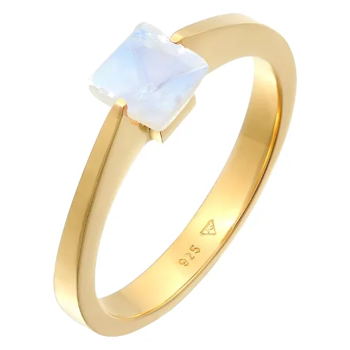 Elli PREMIUM Damska obrączka soliter czworokąt z kamieniem księżycowym w pozłacanym srebrze 925 Sterling Silver Pierścionki 1 ct Damski