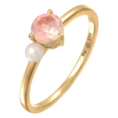 Elli PREMIUM Damski elegancki pierścionek z kwarcem różowym i perłą hodowlaną słodkowodną z pozłacanego srebra próby 925 Sterling Silver Pierścionki 1 ct