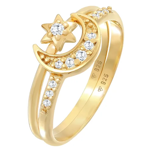 Elli Zestaw pierścionków do łączenia Star Moon Astro Trend z kryształami cyrkonii w srebrze 925 Sterling Silver Pierścionki 1 ct Damski