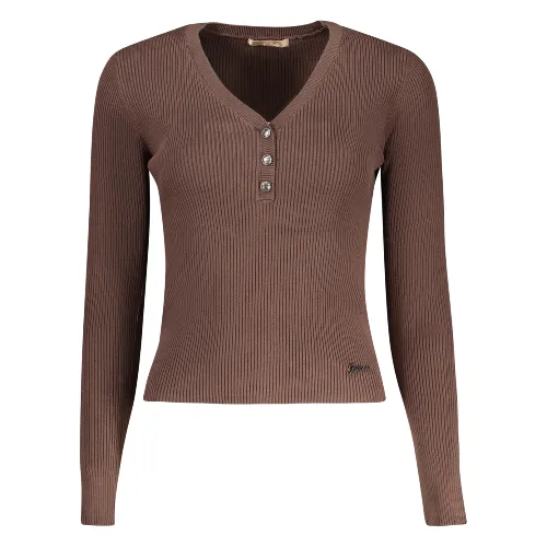 GUESS Sweter Damski Bluzka z Długim Rękawem Wiskoza Dekolt V Logo Gładki