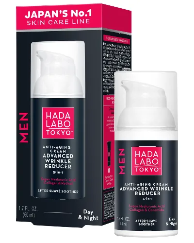 Hada Labo Tokyo Men przeciwzmarszczkowo-nawilżający krem na dzień i noc dla mężczyzn z 4 formami kwasu hialuronowego, kolagenem i retinolem 50 ml