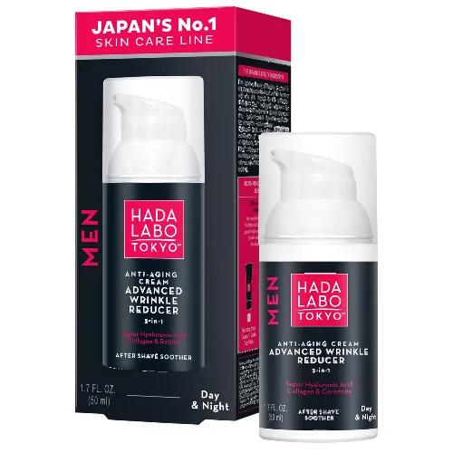 Hada Labo Tokyo Men przeciwzmarszczkowo-nawilżający krem na dzień i noc dla mężczyzn z 4 formami kwasu hialuronowego, kolagenem i retinolem 50 ml