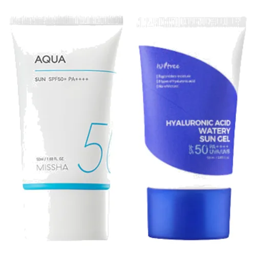 Isntree - Hyaluronic Acid Watery Sun Gel SPF50+ PA++++ - 50ml X MISSHA - All-Around Safe Block Aqua Sun SPF50+ PA++++ - 50ml Set
