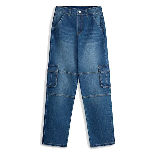 Jeansy loose fit, cargo z regulowanym pasem, straight