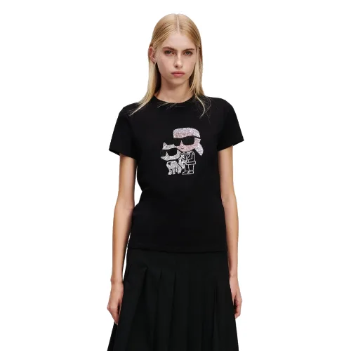 KARL LAGERFELD Сzarny damski t-shirt z cyrkoniami Ikon Duo