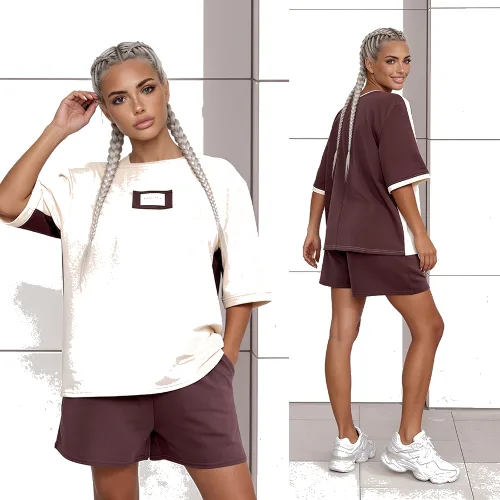 Komplet dresowy T-shirt Duo mocca-kokos