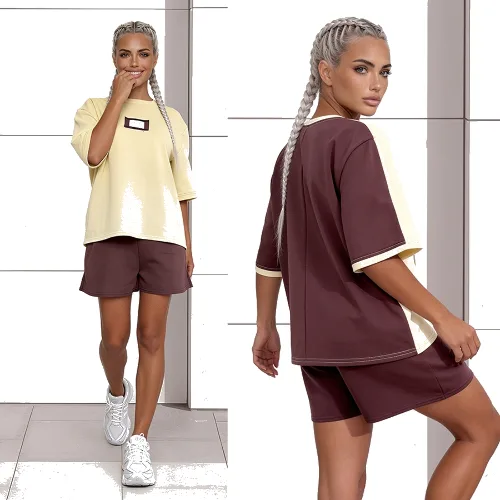 Komplet dresowy T-shirt Duo mocca-żółty