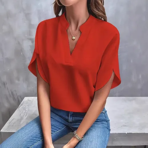 Koszulowa damska bluzka z głębokim dekoltem - Czerwony S