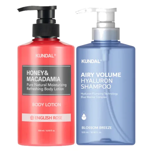 Kundal - Airy Volume Hyaluron Shampoo Blossom Breeze + Honey & Macadamia Pure Body Lotion English Rose Set