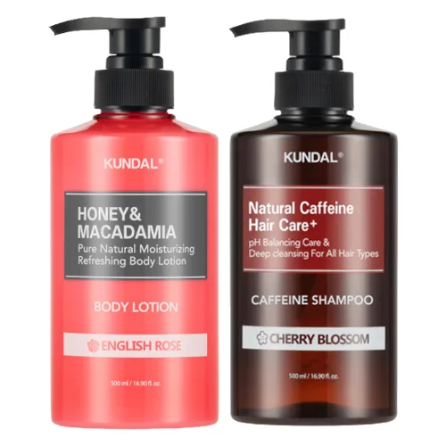 Kundal - Caffeine Scalp Shampoo Cherry Blossom + Honey & Macadamia Pure Body Lotion English Rose Set