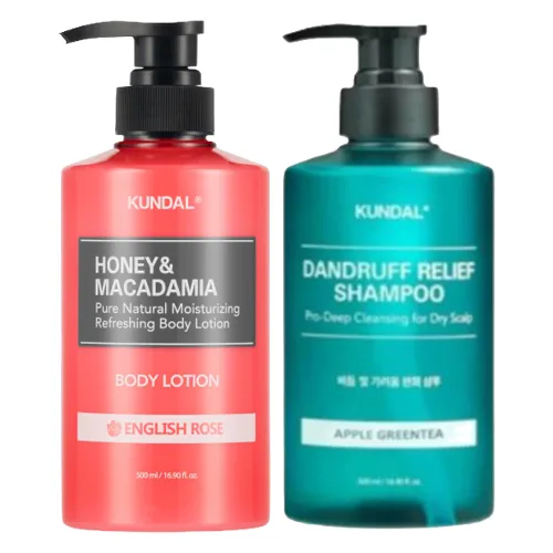 Kundal - Dandruff Relief Shampoo - Apple Green Tea + Pure Body Lotion English Rose Set