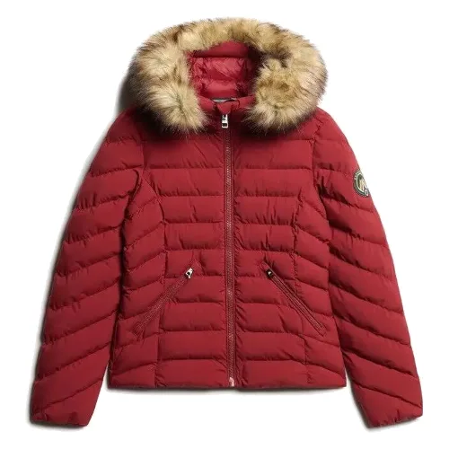 Kurtka puchowa damska z kapturem i sztucznym futrem Superdry Fuji
