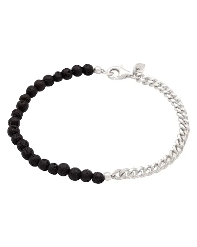 KUZZOI Bransoletka Mężczyźni Łańcuch Pancerny Perły Lava Czarny 925 Sterling Silver 21 cm Biżuteria męska 1 ct Męskie