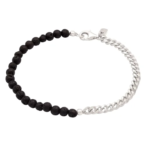 KUZZOI Bransoletka Mężczyźni Łańcuch Pancerny Perły Lava Czarny 925 Sterling Silver 21 cm Biżuteria męska 1 ct Męskie