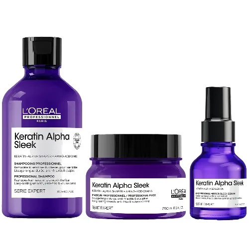 L'Oréal Professionnel Keratin Alpha Sleek Shampoo, Hair Mask & Hair Serum Bundle - Antifrizz