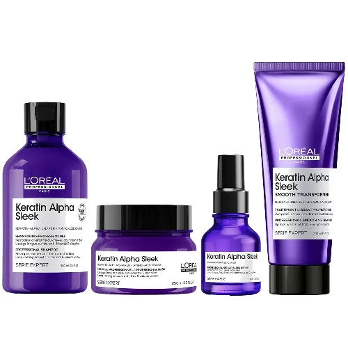 L'Oréal Professionnel Keratin Alpha Sleek Shampoo, Hair Mask, Hair Serum & Smooth Transformer Bundle